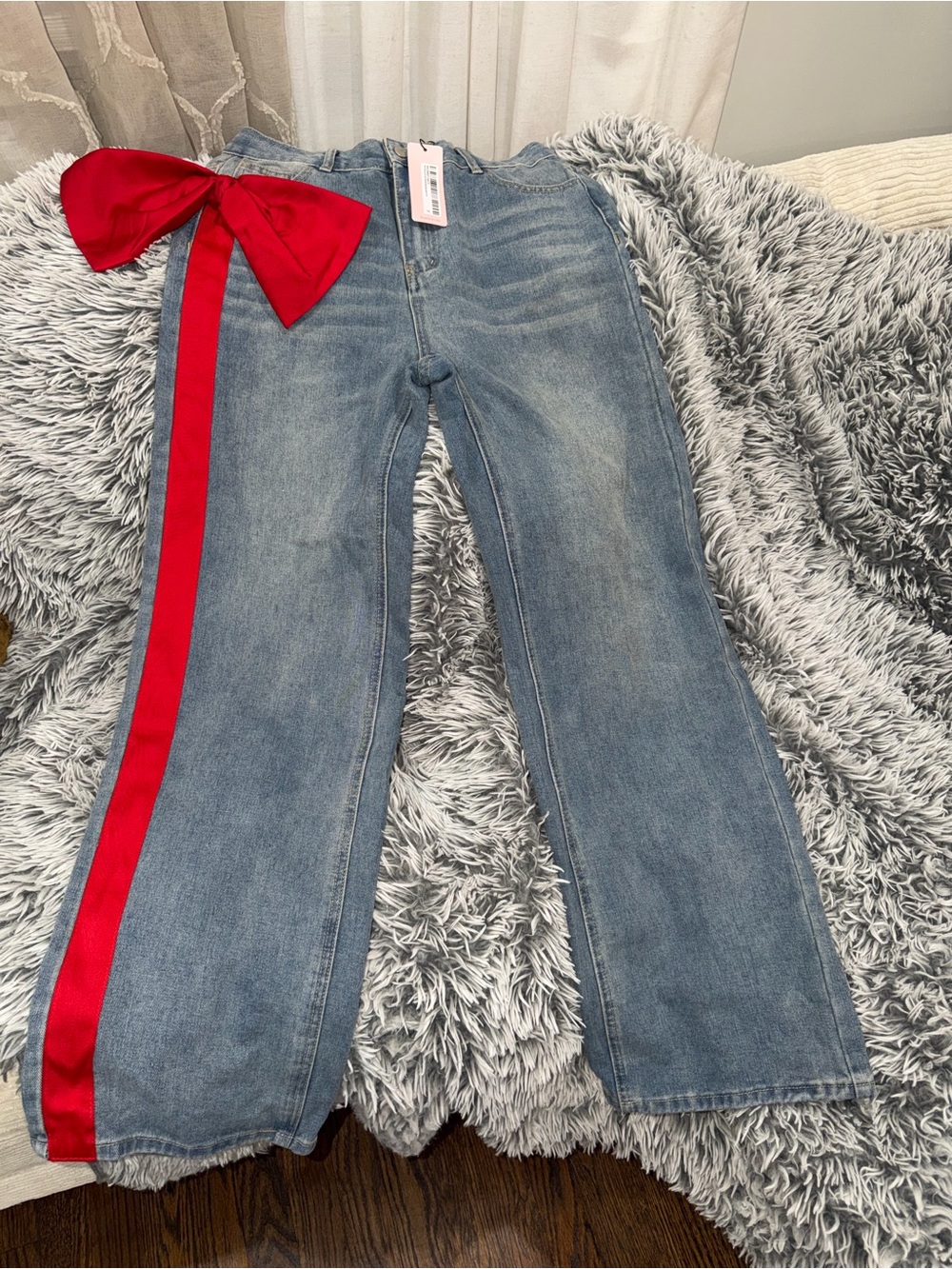 Women's Light Wash Jeans with Red Side bow